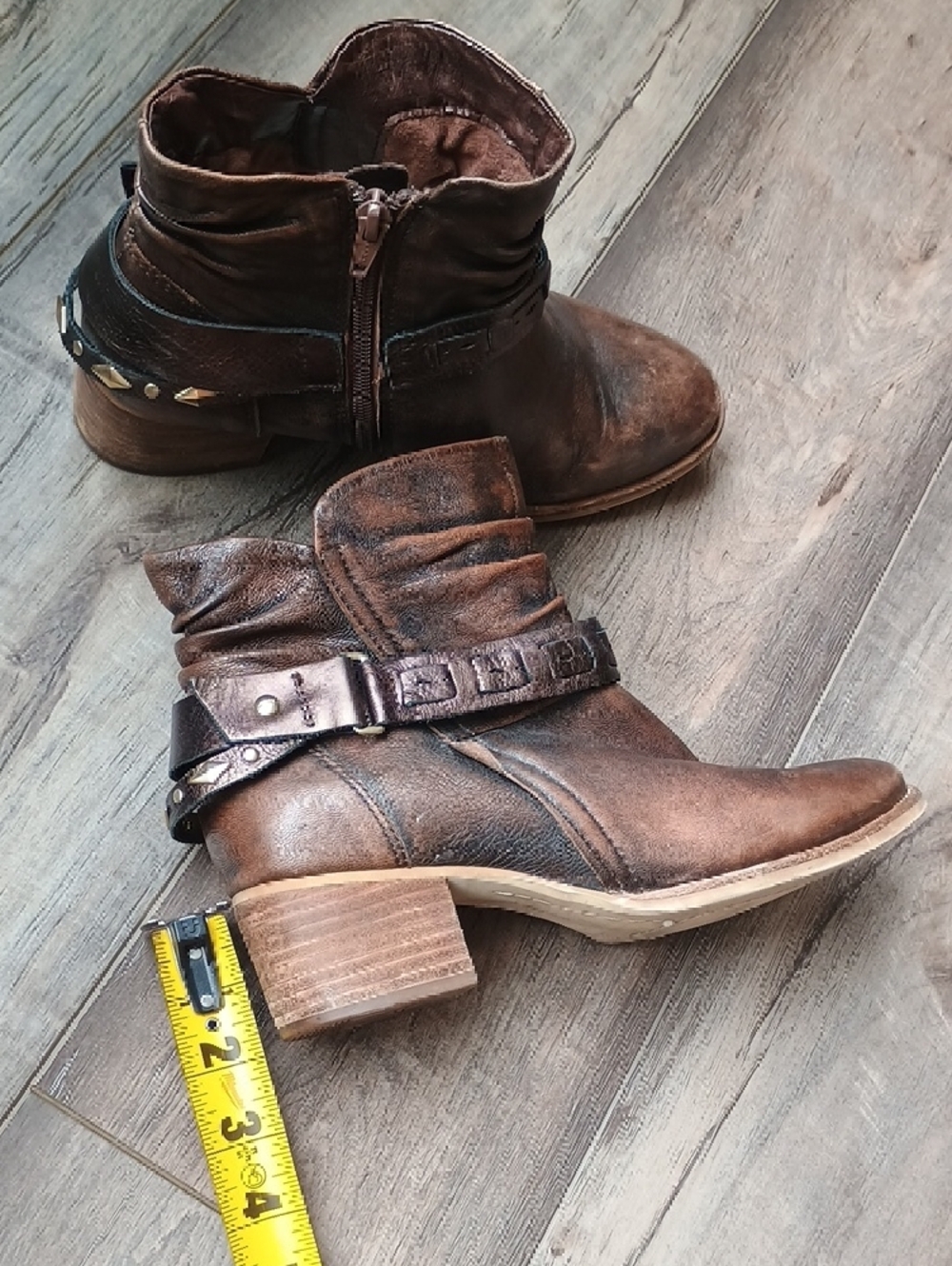 Earth Brown Distressed Leather Ankle Boots with Buckle Strap - Picture 10 of 11